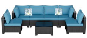 7 Piece Wicker Outdoor Patio Furniture Set, COLOR: Coffee Rattan &amp; Peacock Blue Seats