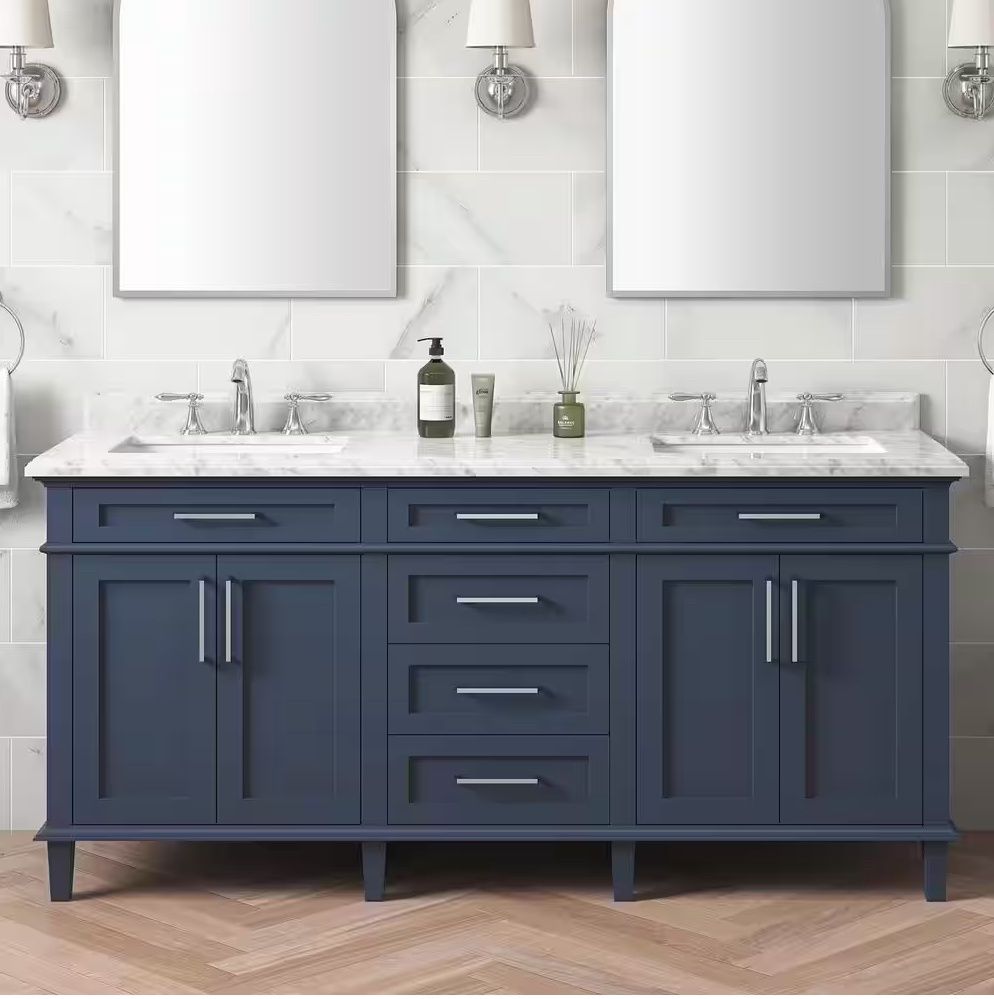 Sonoma 72 in. Double Sink Midnight Blue Bath Vanity with Carrara Marble Top, Retail $1439.