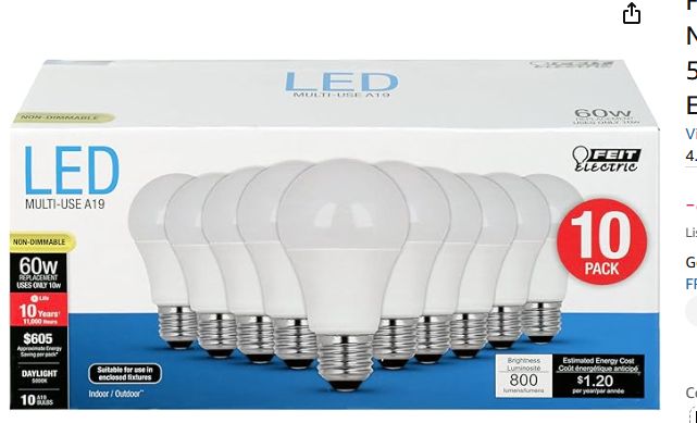 Feit Daylight 60w Non-Dimmable 10 pk-Retail-$ 13.85