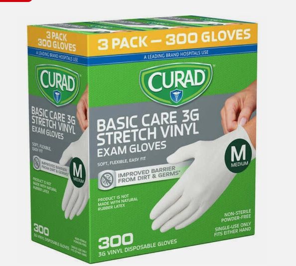 Curad Basic Care 3G Vinyl Exam Gloves, Medium, 300 ct-Retail-$ 29.99