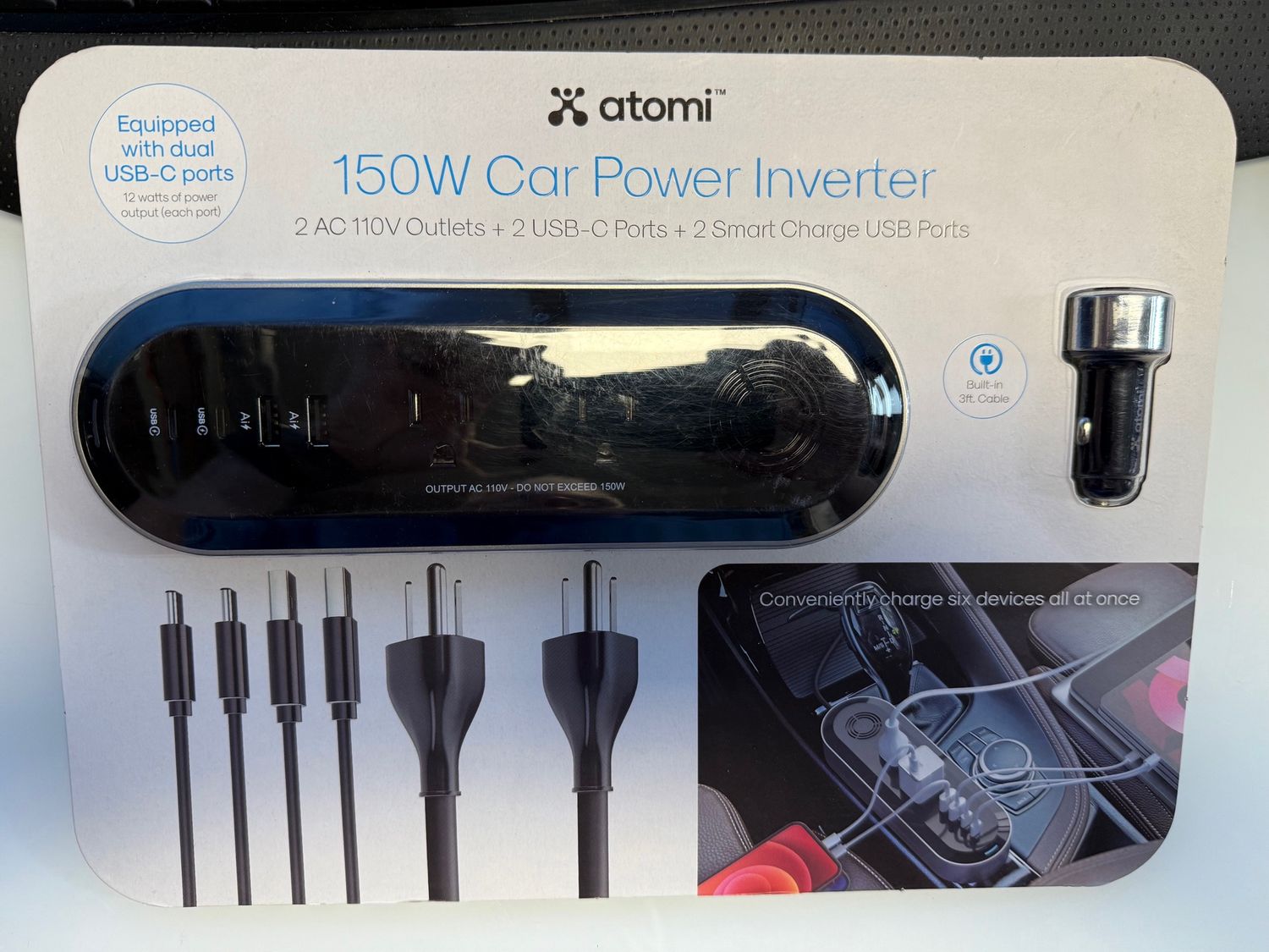 Atomi Car Power Inverter 2x (AC 110V Outlet, USB-C Ports, Smart USB Charge Port)
