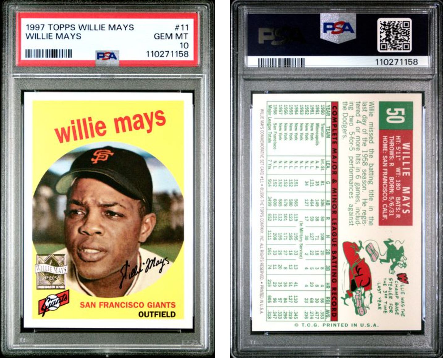 1997 Topps Willie Mays #11 Gem MT 10 - POP 1