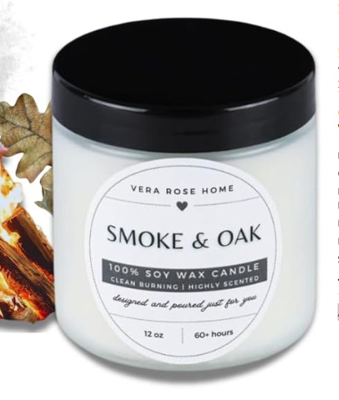 Vera Rose Home Smoke &amp; Oak Scented Soy Candle Long Burning Highly Scented Cedar-Retail-$ 12.99