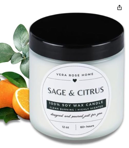 VeraRose Vera Rose Home Sage &amp; Citrus Scented Soy Candle Long Burning Highly Scented Candles 60+ Hours-Retail-$ 12.99