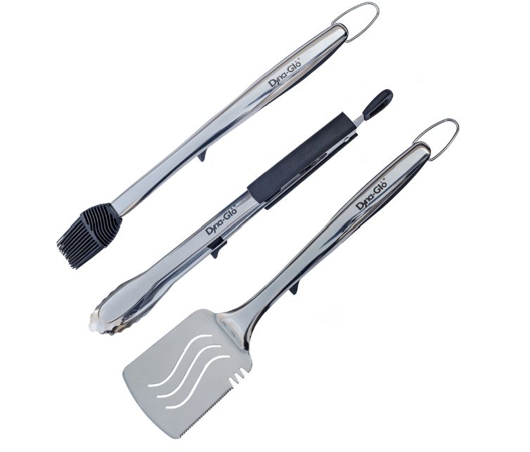 3PC Stainless Steel Grill Set. Tong Spatula Basting Brush - W. Stands