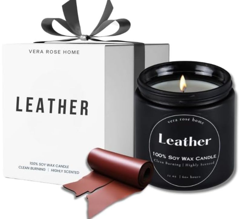 Leather &amp; Vanilla Soy Candle for Men – Black Jar, Non-Toxic, 12oz, 60+ Hour Burn – Luxury Home Fragrance &amp; Gift