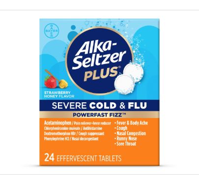 Alka-Seltzer Plus Powerfast Fizz, Severe Cold &amp; Flu Medicine, Strawberry Honey Effervescent Tablets, 24 CT-Retail-$ 15.99
