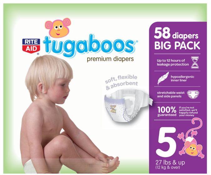 Rite Aid Tugaboos Premium Diapers, Big Pack, Size 5 - 58 Ct