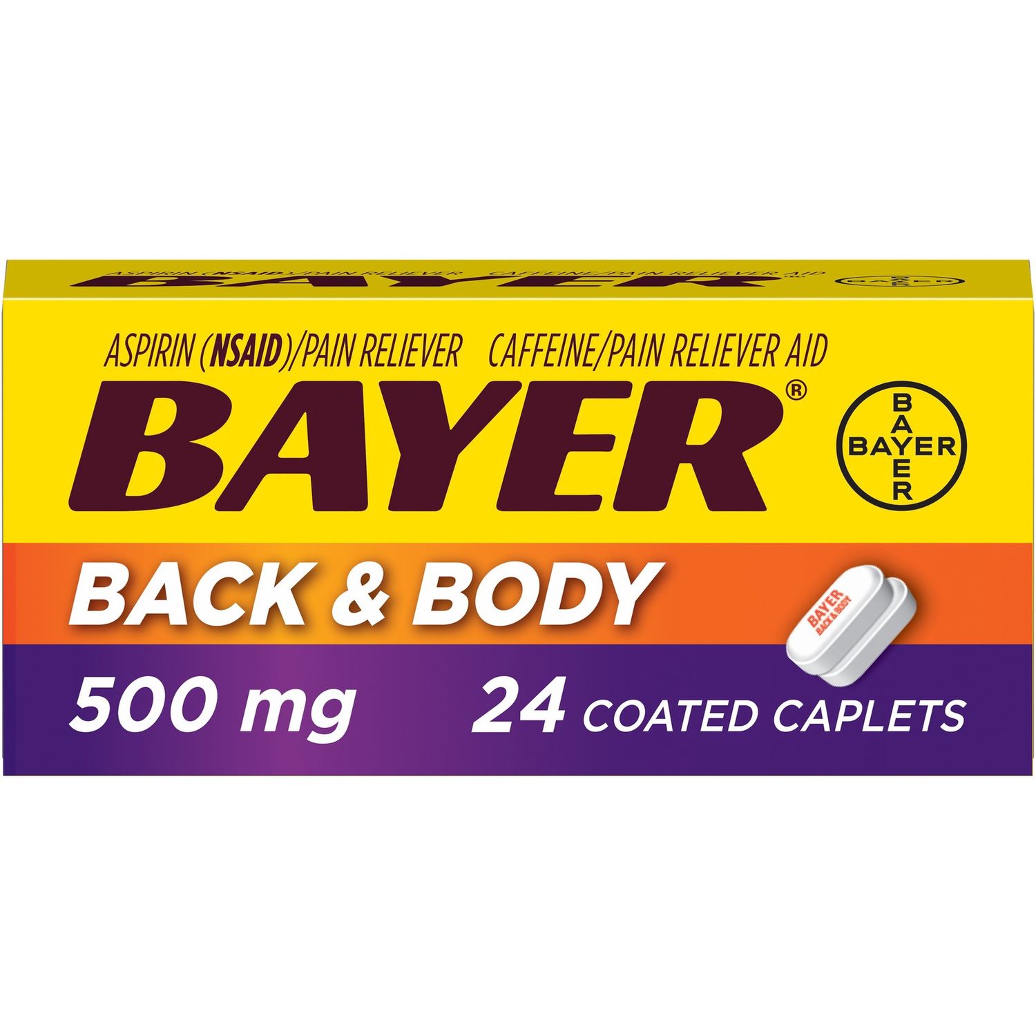 Bayer Back &amp; Body Extra Strength Pain Reliever Aspirin W Caffeine 500mg Coated Tablets 24 Ct