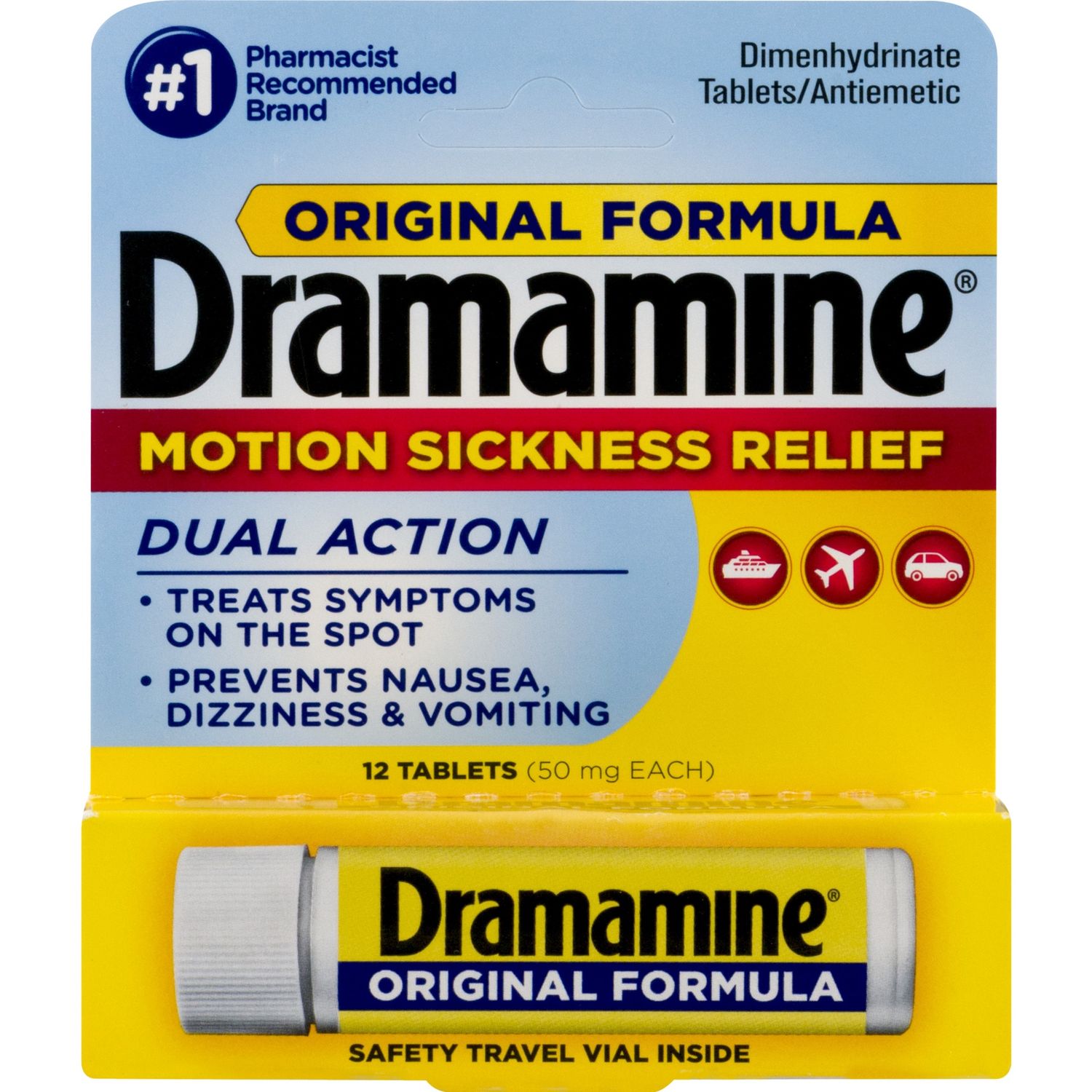 Dramamine Original Formula Motion Sickness Relief Tablets for Nausea, Dizziness &amp; Vomiting - 12ct