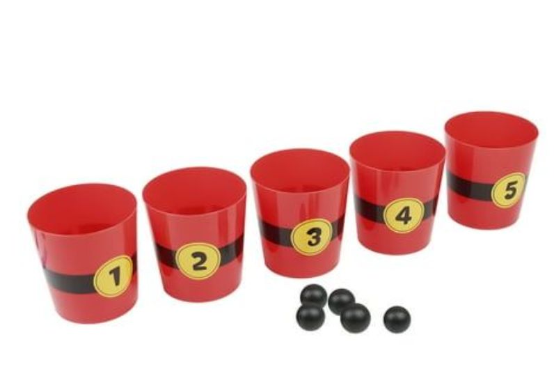Holiday Time Toss Game, 1 Set, 5 Red Buckets, 5 Black Balls, Christmas, Ages 3+