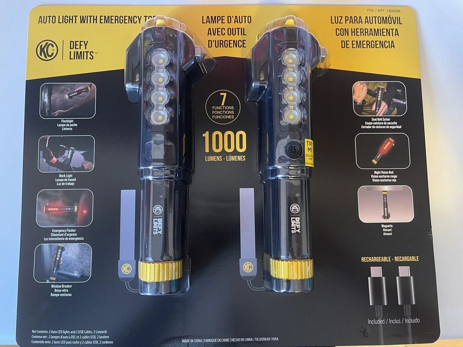 KC Auto Light with Emergency Tool, 2 Pack 1000 Lumen Rechargeable Flashlight Set - Retail $19.99