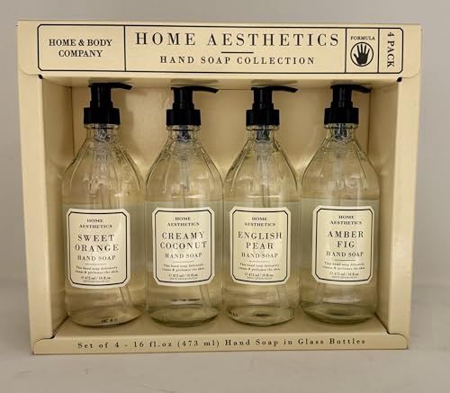 Home and Body Company |Home Aesthetics | Hand Wash Ultra Moisturizing Formula in Glass Bottles | SET of 4 | Sweet Orange, Creamy Coconut, English Pear - Retail $12.99