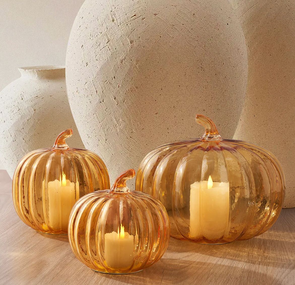 Glass Pumpkin LED Light Candles, Set of 3 - Retail $52.99