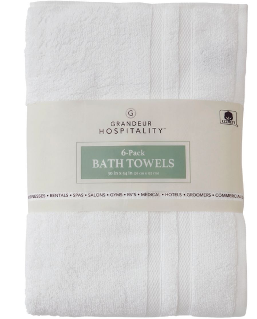 Grandeur Hospitality 100% Cotton Bath Towels, White, 6 ct- Retail $32.99, Size: 6pk