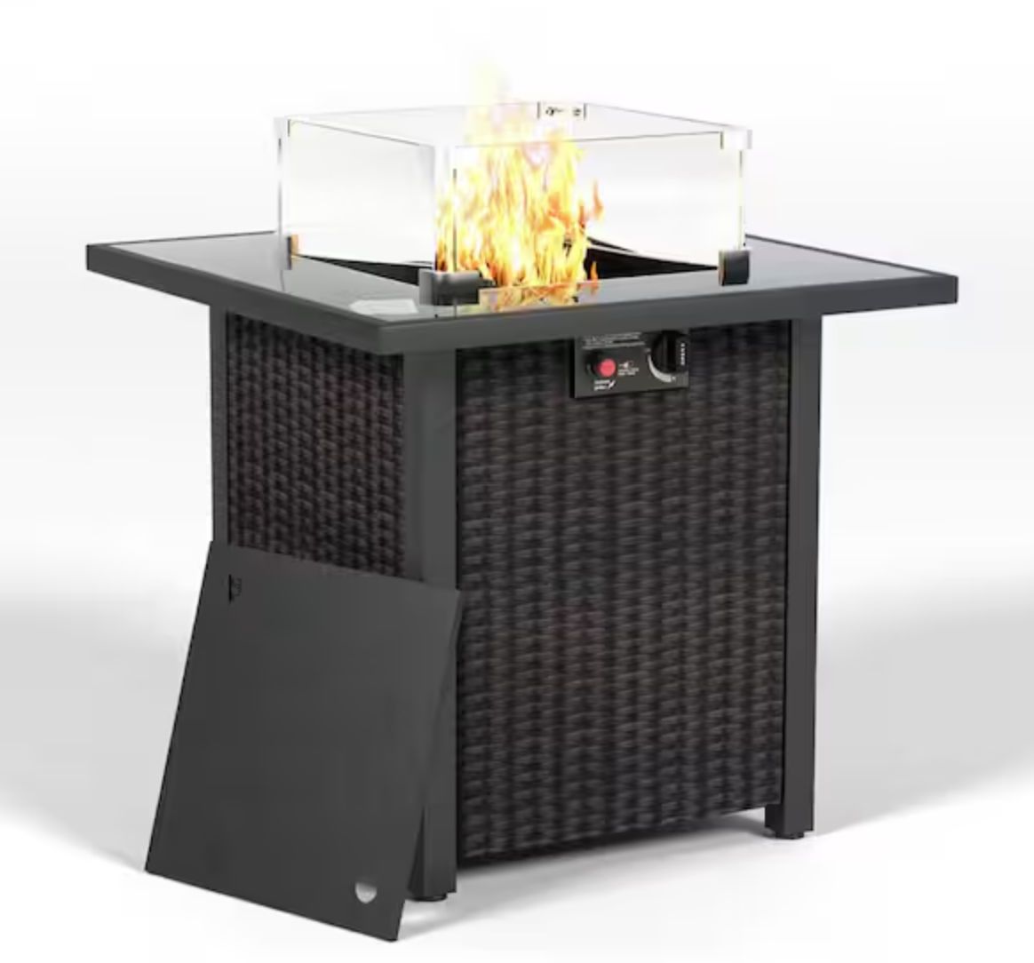 28 in. Outdoor Propane Fire Pit Table with Glass Windscreen Protector - Rattan and Wicker - Retail $373.46, COLOR: Brown