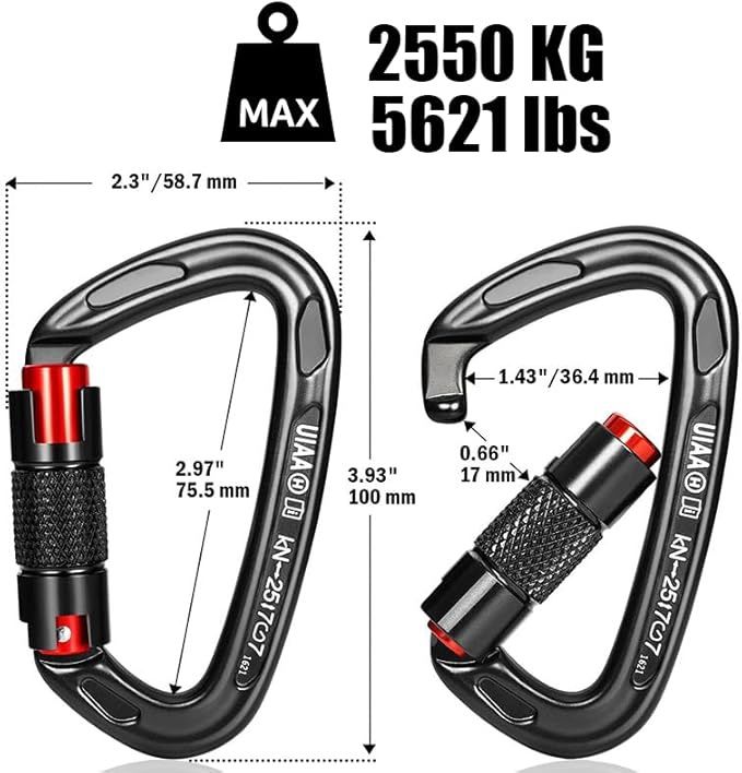 UIAA Certified 25KN Carabiner Heavy Duty, Auto Locking Carabiners Clips, 6PCS Black Carabiner for Swing, pet Traction,3.93 Inch D Shaped, Large Size