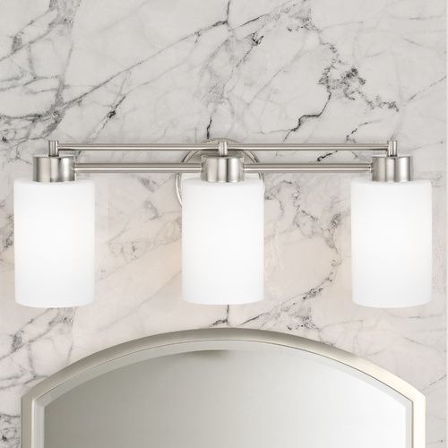 Modern Bathroom Light with White Glass in Satin Nickel Finish