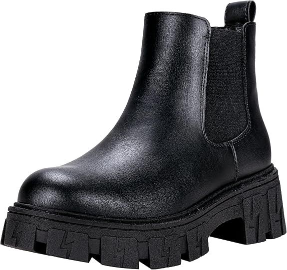 Platform Ankle Boots Chunky Heel, Fashion Lug Sole Slip on Booties with Elastic Band -Retail $