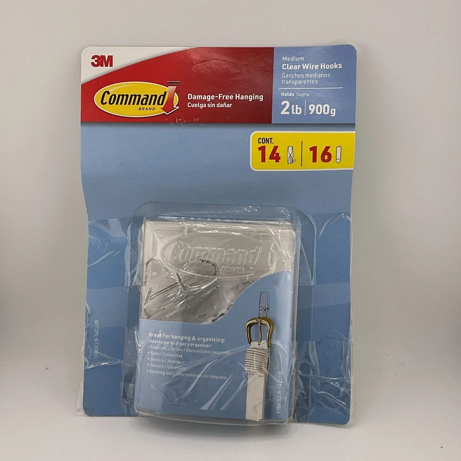 3M Command Clear Medium Wire Hooks Holds 2lb/900g Cont 14 Hooks 16 Strip - Retail $14.99