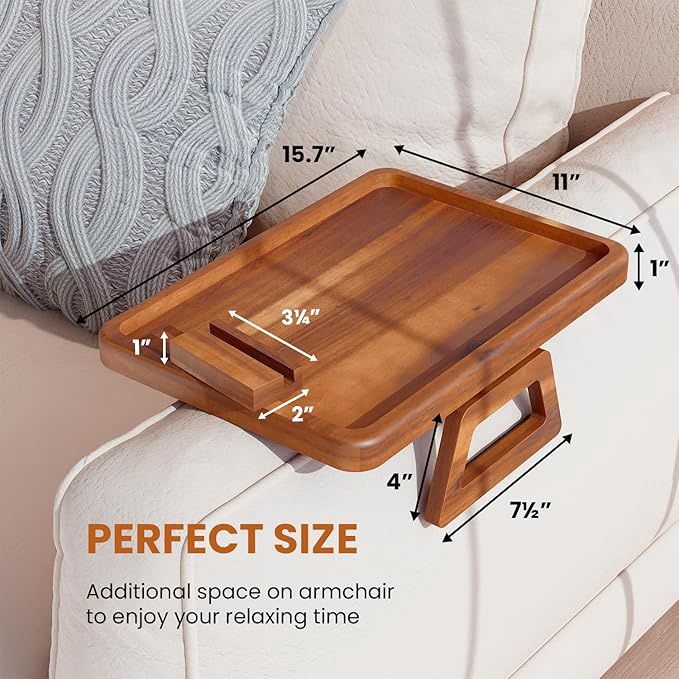 15.7" x 11" Large Couch Arm Table with 360 Rotating Phone Holder - Sofa Arm Clip Table for Living Room - Sofa Armrest Tray Wide Couches - Wooden Side Tables for Eating and Drink (Acacia Wood