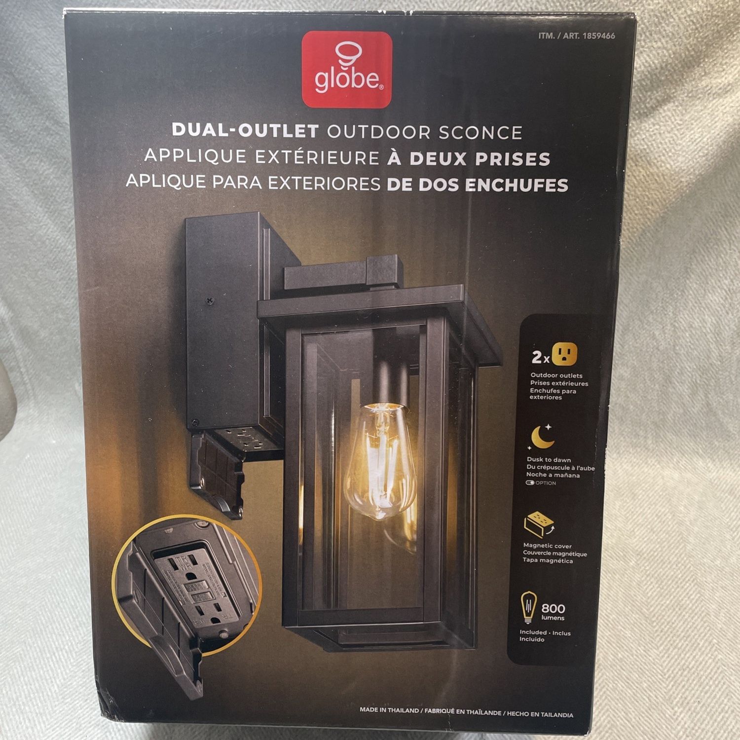 Globe Dusk to Dawn Outdoor Sconce Light W/2 Outlets Black Waterproof Porch Lamp