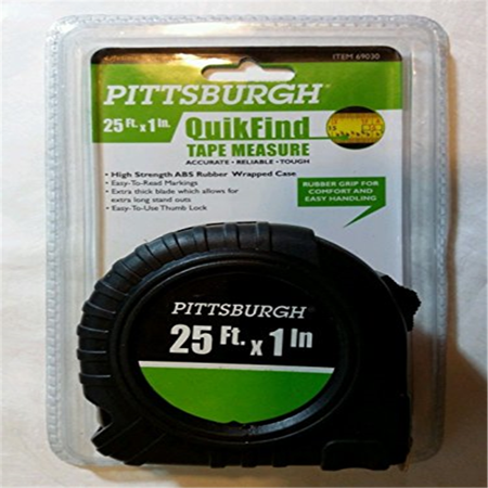 Pittsburgh QuikFind Tape Measure 25 Foot by 1 Inch Easy to Read High Strength ABS Rubber Wrapped Case - Retail $8.99