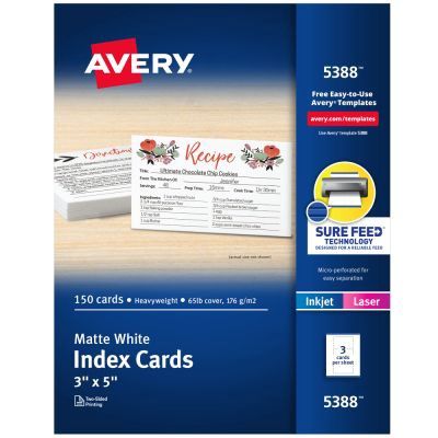 Avery Printable Index Cards With Sure Feed Technology, 3" x 5", White, 150 Blank Index Cards - Retail  $11.99