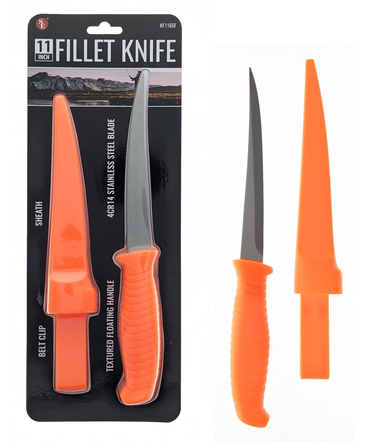 11" Orange Floating Fillet Knife with Belt Clip and Hard Sheath