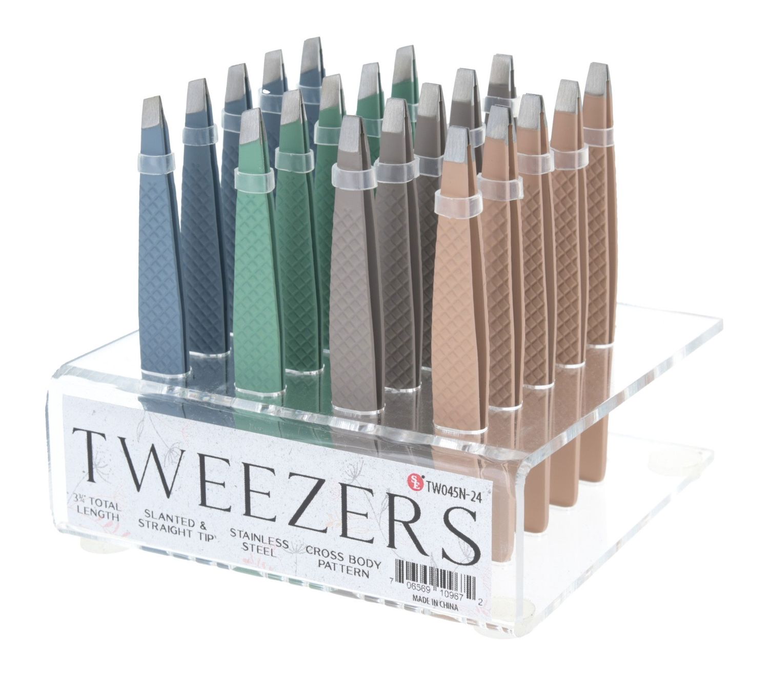 Plucker Tweezers on Acrylic Display- 3.3/4"/Matt Finish,Stainless Steel,Slanted &amp; Straight Tips,Cross Body Pattern