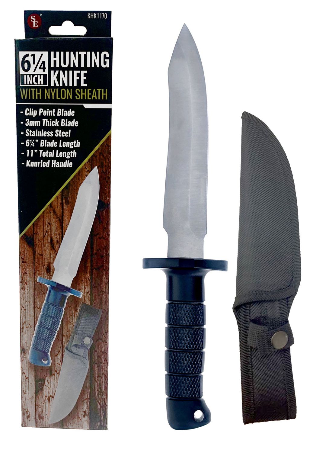 11" Long/ 6.1/4" Clip Point 3mm thick Blade, Rubberized Knurled Handle Hunting Knife with Nylon Sheath