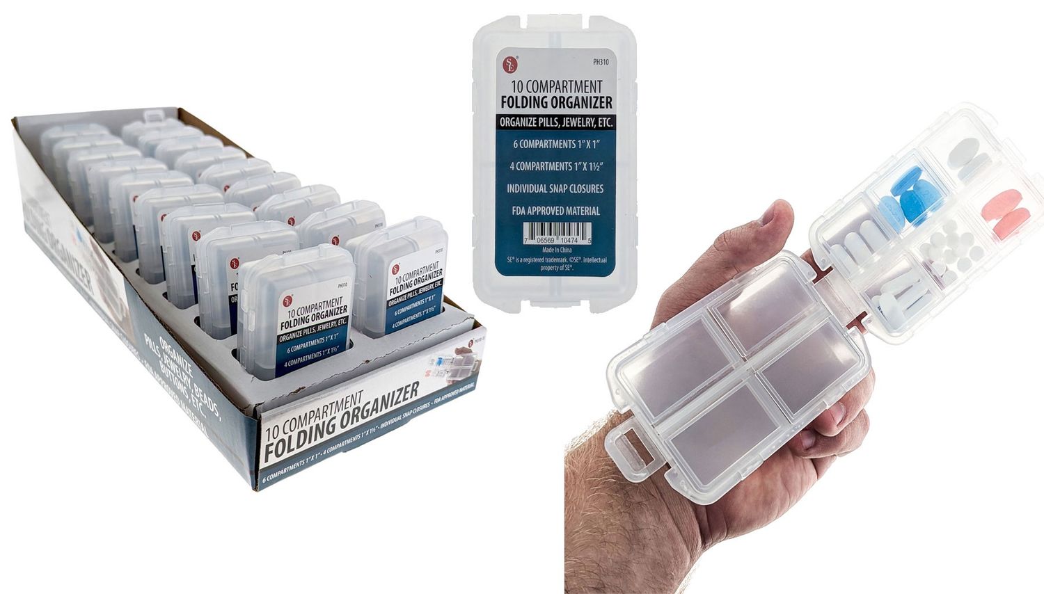 10-Compartment Folding Organizer (6 Compartments 1"x1" / 4 Compartments 1"x1/2"), FDA Approved Material - Retail $