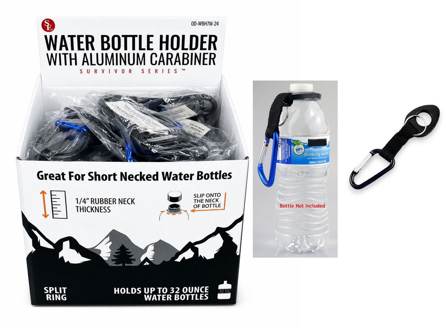 Black and Blue Aluminum Carabiner With 6MM Thick Water Bottle Holder Attachment - Retail $1.99