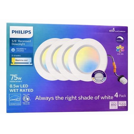 Philips 5/6  LED Recessed 4-Pack – Adjustable White (2700K–5000K)  75W Replacement  Fits 5” &amp; 6” Cans - Retail $16.00