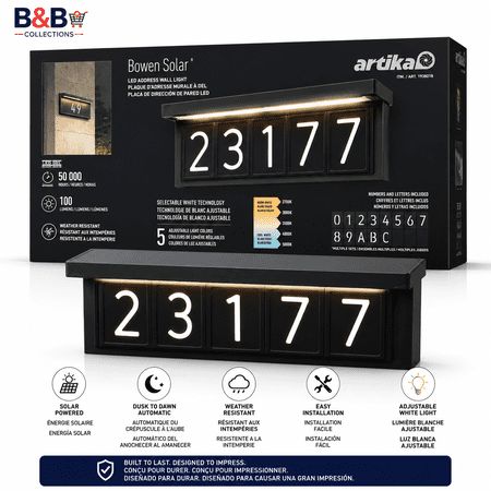 Artika Bowen Solar LED Address Wall Light with Illuminated House Numbers  Waterproof Outdoor Address Plaque  Black Modern Mailbox Number Sign - Retail $35.00
