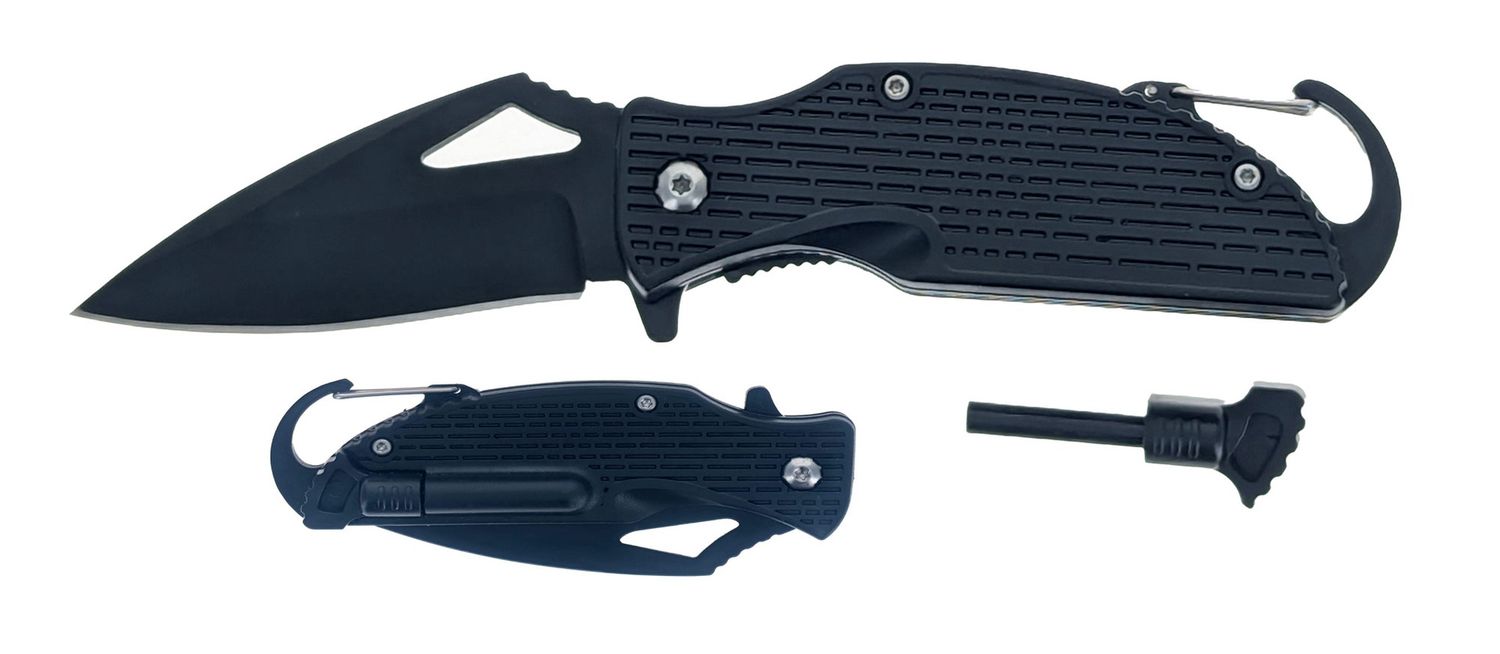 6.1/4"/3.5"Closed Spring Assisted Black Blade,Black Plastic Handle Knife with Flint,Carabiner &amp; Clip Black Blade