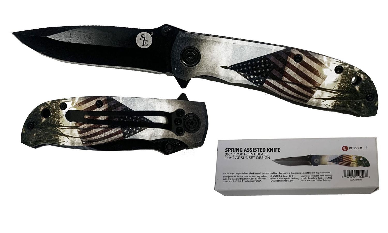 4"/ 7.25" Spring Assisted US Flag Sunset Design Drop Point Pocket Knife with Clip