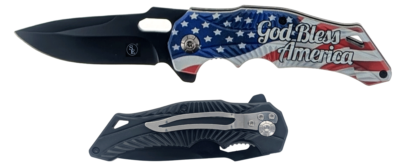 8"/ 3.25" Blade Spring-Assisted Pocket Knife with God Bless America Flag Design Handle with Pocket Clip