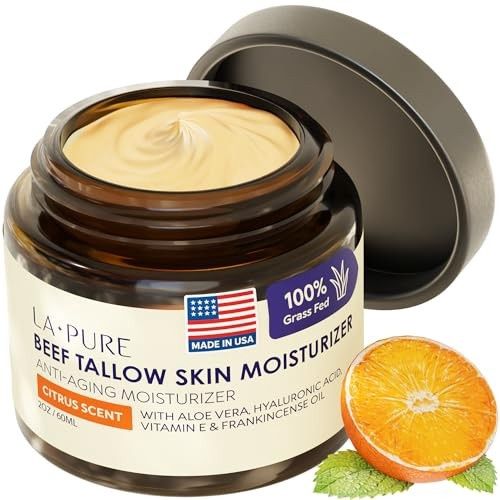 LA PURE Beef Tallow for Skin, Grass-Fed Tallow Face Cream with Hyaluronic Acid, Aloe Vera &amp; Frankincense, Non-Greasy Anti-Aging Moisturizer, Citrus