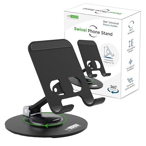 360° Swivel Phone Stand for Desk – Adjustable Foldable Metal Cell Phone Holder with Rotating Base Portrait/Landscape Viewing Compact Desktop Stand