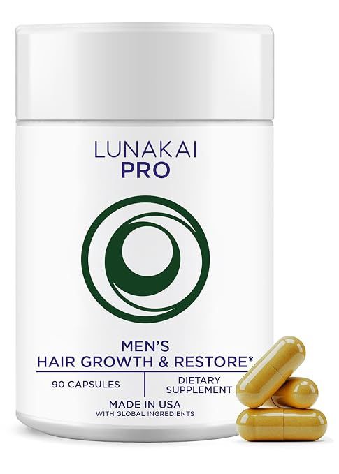 Lunakai USA Made Hair Vitamins for Men - 19 Nutrient with Marine Collagen, Saw Palmetto &amp; Keratin - Daily Hair Loss &amp; Regrowth Support - 90 Capsules