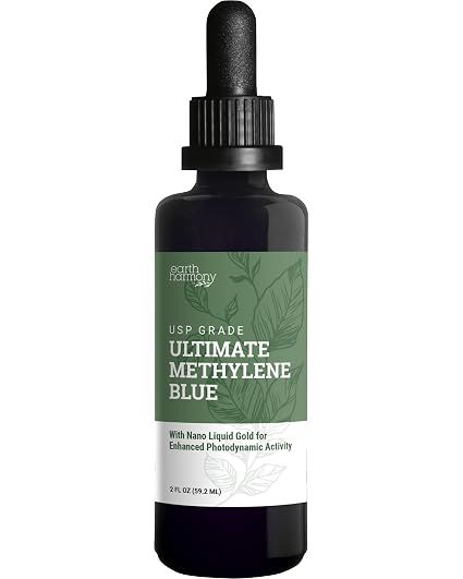 Earth Harmony Methylene Blue, 1% USP (Pharmaceutical) Grade, with Nano Liquid Gold for Photodynamic Research, Miron Glass Bottle (2 Oz)