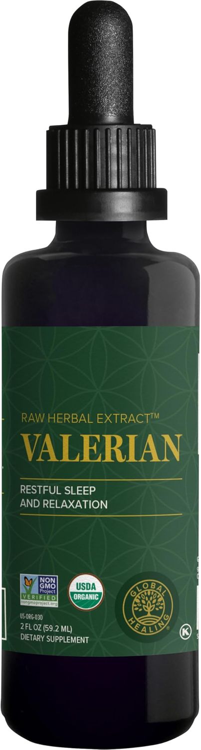 Global Healing Organic Valerian Root Extract Liquid Supplement - Raw Herbal Extract for Healthy Relaxation, Sleep &amp; Calm -Alternative to Valerian Root Capsules for Bioavailability - 2 Fl Oz
