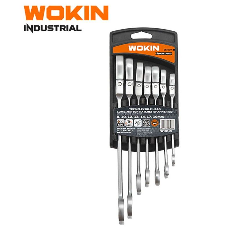 WOKIN 151907 7PCS FLEXIBLE COMBINATION GEAR SPANNER (INDUSTRIAL) sizes: 8-10-12-13-14-17-19mm, Cr-V steel, chrome plated, satin finish