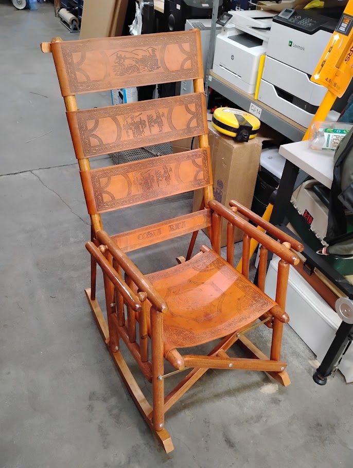 Vintage Costa Rican Leather/Teak Wood Foldable Rocking Chair - Campaign-Style