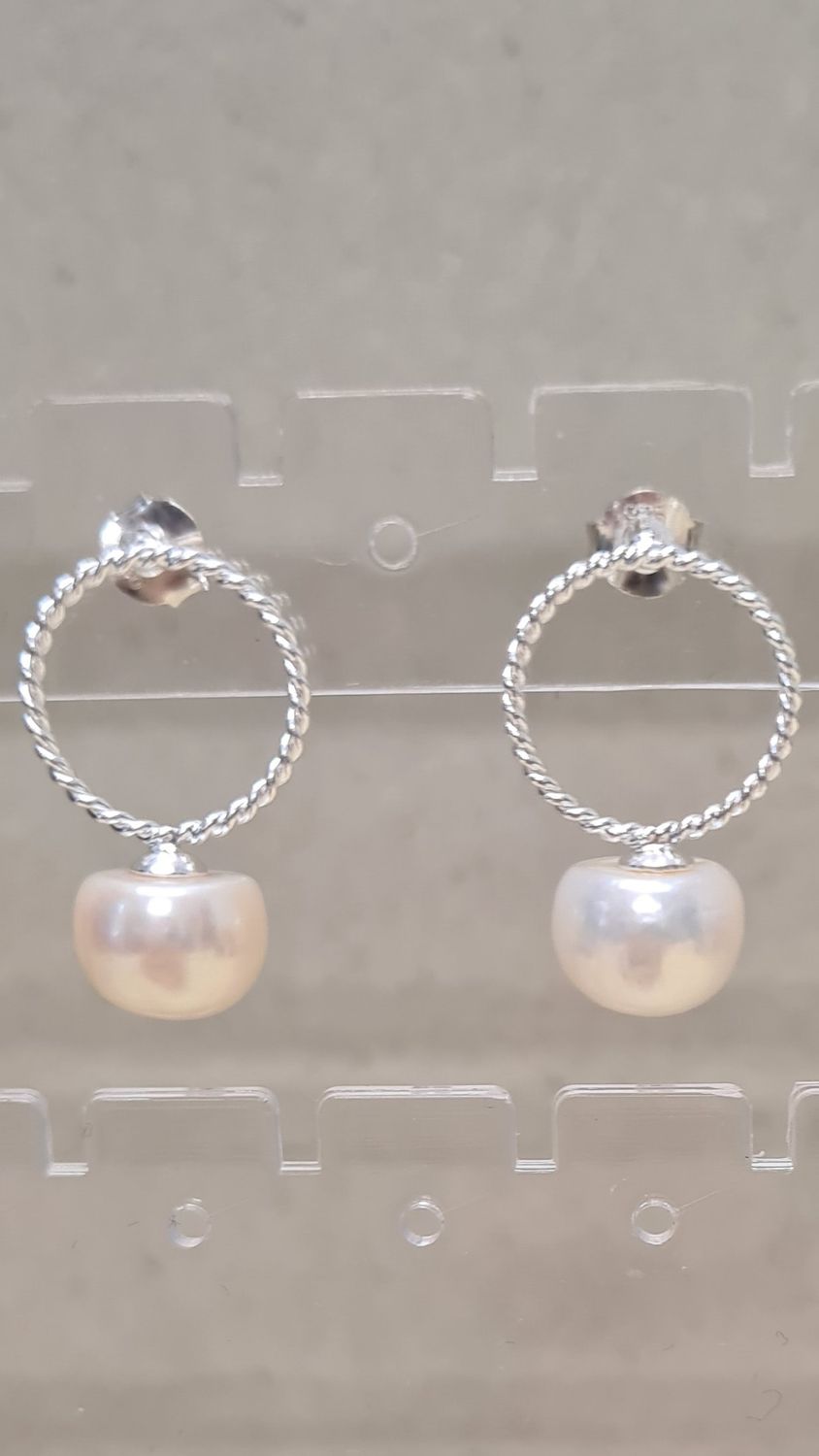 Round Sterling Silver Twisted Hoop with Pearl Drop