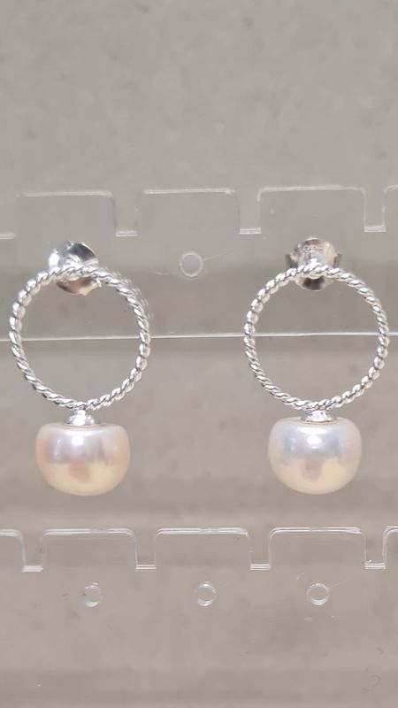 Round Sterling Silver Twisted Hoop with Pearl Drop