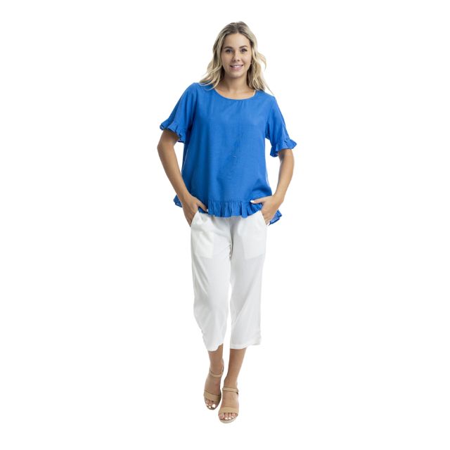 Linen Frill Top Cobalt