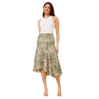225118 Jungle Dreams Olive Patchwork Button Skirt