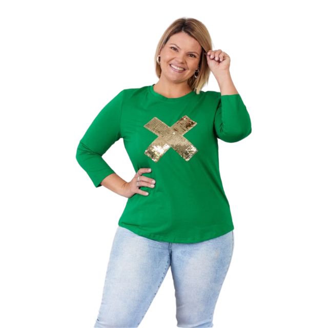 X Sequin 3/4 Tee Green